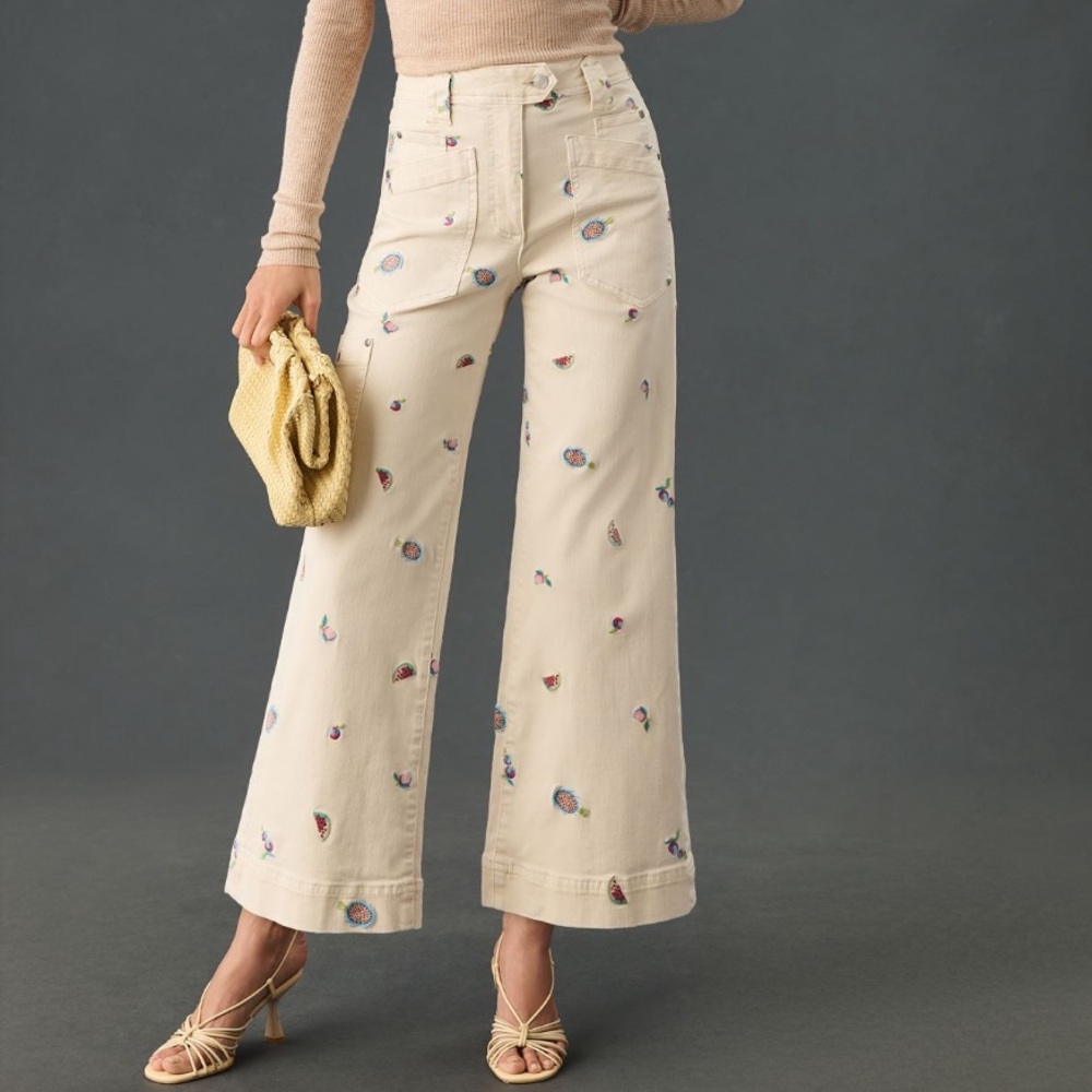 Anthropologie Maeve Fruity Embroidered Neutral Wide Leg Pants NWOT